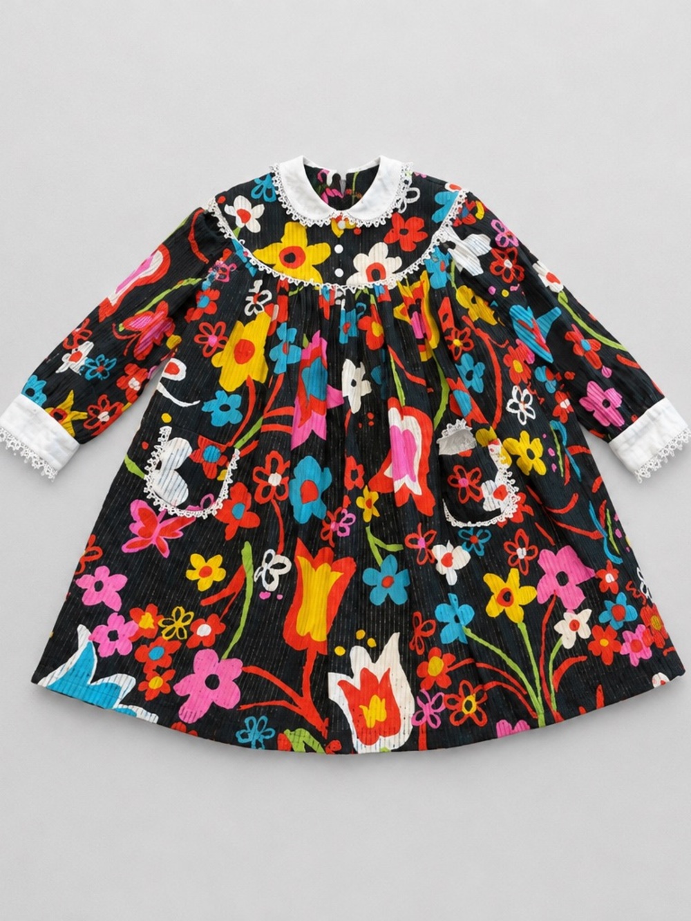 Vintage Girls' Funky Floral Long-Sleeve Pleated Dress with White Collar